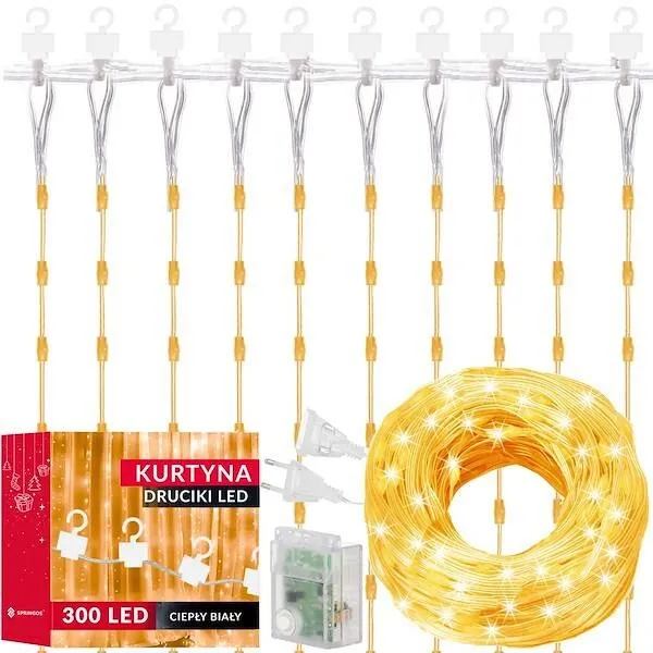 Kurtyna świetlna 300 led girlanda, lampki wewnętrzno-zewnętrzne sople biały ciepły + flash