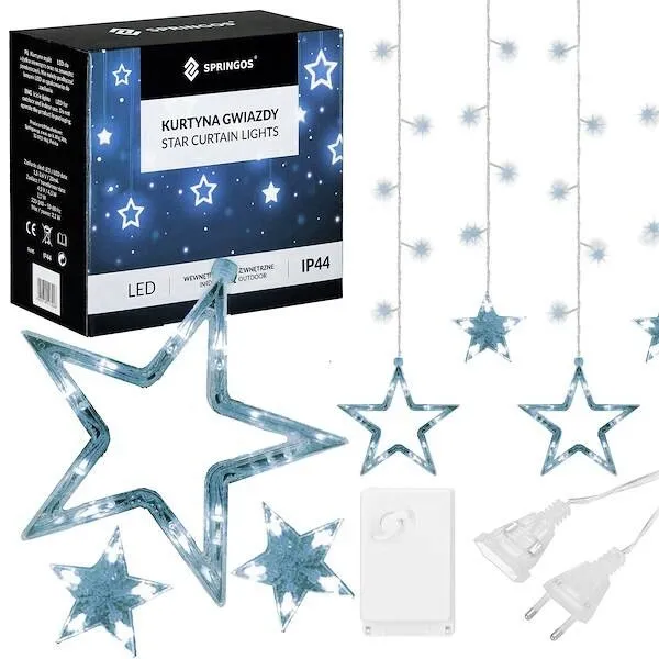 Kurtyna świetlna 138 Led girlanda gwiazdki, lampki wewnętrzne sople zimny biały