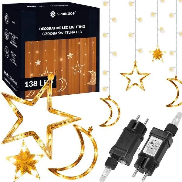 Kurtyna świetlna 138 Led gwiazdki i księżyce lampki sople ciepły biały