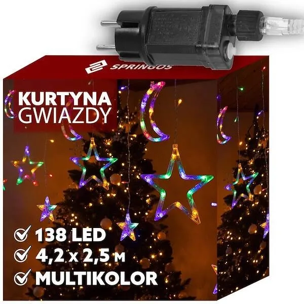Kurtyna świetlna 138 Led girlanda gwiazdki księżyce lampki sople multikolor