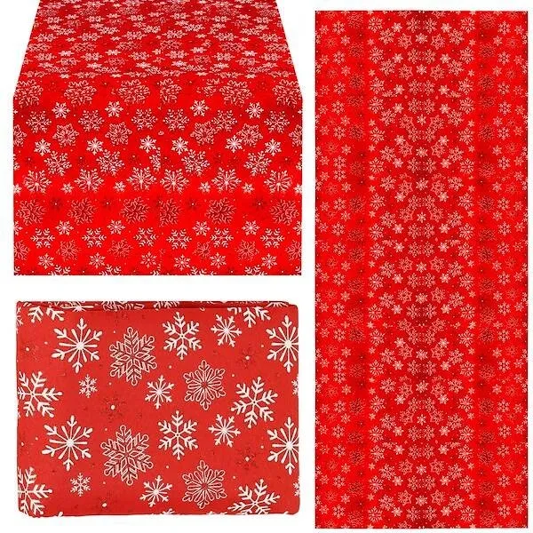 Bieżnik na stół 140 x 220 cm obrus świąteczny ze śnieżynkami czerwony