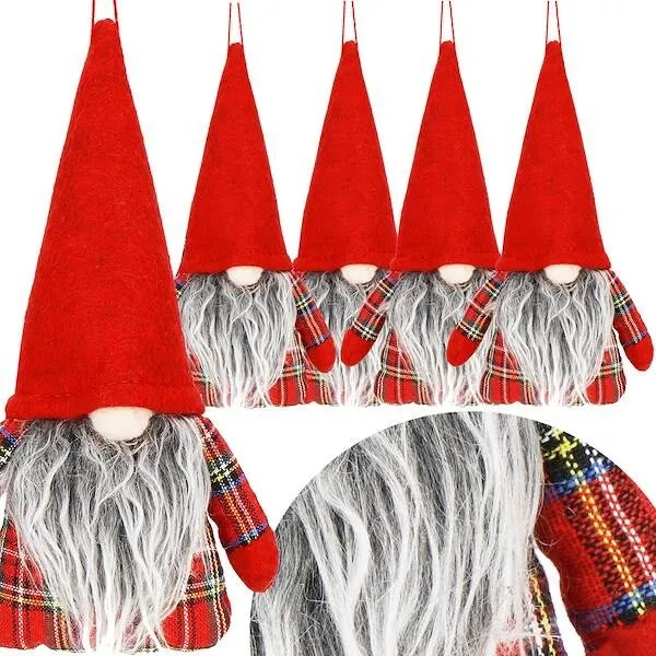 Skrzaty 21 cm 5 szt. ozdoby świąteczne, krasnale zawieszki gnomy w kratkę