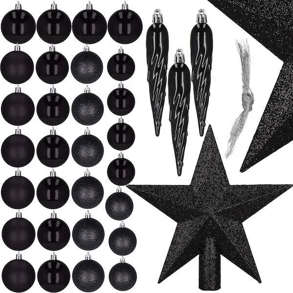 Bombki choinkowe 33 szt. ozdoby świąteczne zestaw z gwiazdą czarne