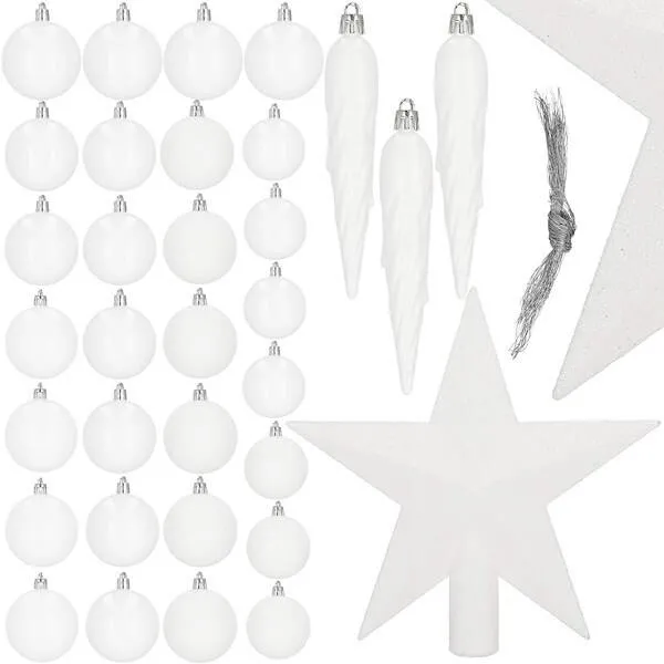Bombki choinkowe 33 szt. ozdoby świąteczne zestaw z gwiazdą białe