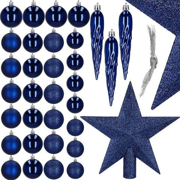 Bombki choinkowe 33 szt. ozdoby świąteczne zestaw z gwiazdą granatowe