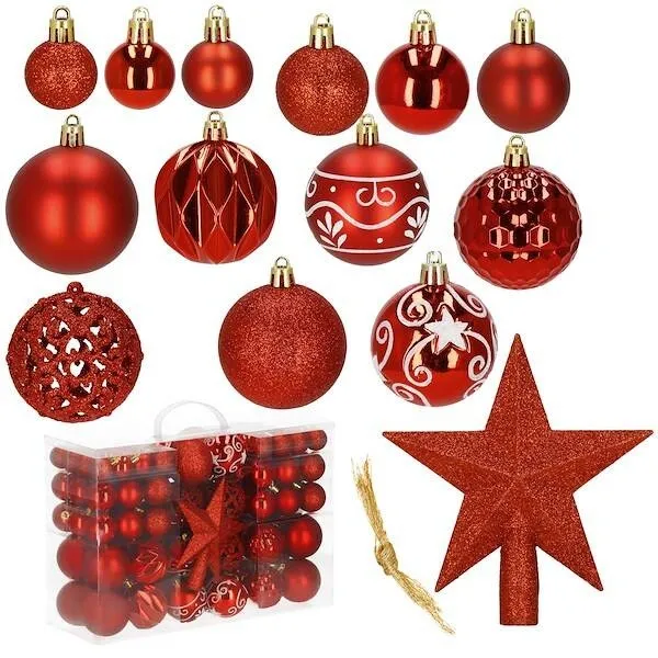 Bombki choinkowe 101 szt. ozdoby świąteczne zestaw z gwiazdą czerwone