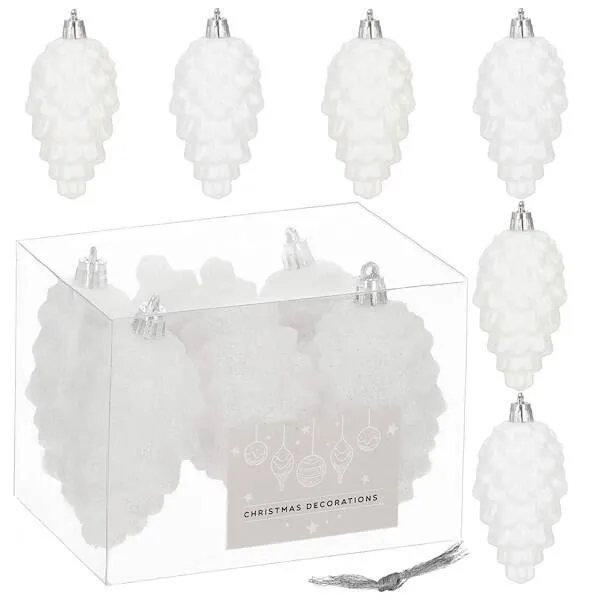 Zawieszki choinkowe szyszki 6 szt. ozdoby świąteczne 9,5 cm bombki biały brokat