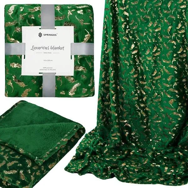 Narzuta na łóżko, pled 150x200 cm koc na kanapę zielony, złoty
