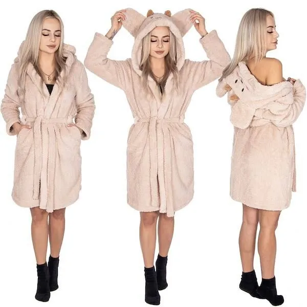 Szlafrok damski z polaru rozm. L/XL z kapturem i paskiem beżowy, miś