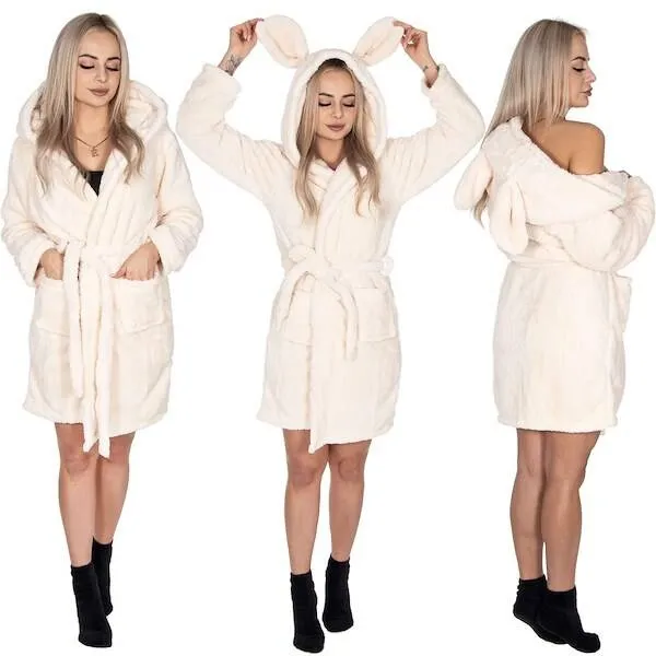 Szlafrok damski z polaru rozm. L/XL z kapturem i paskiem beżowy, królik