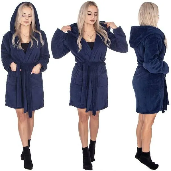 Szlafrok damski z polaru rozm. L/XL z kapturem i paskiem granatowy