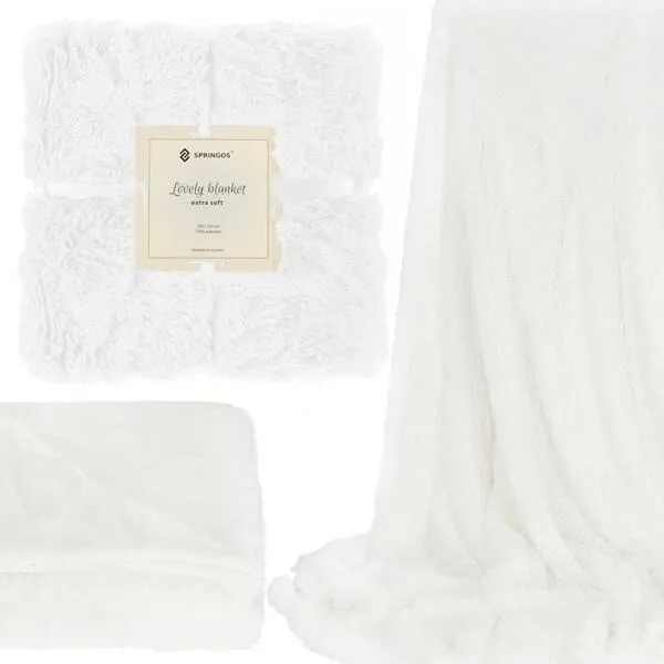 Narzuta na łóżko, pled 200x220 cm dwustronny koc włochacz na kanapę biały