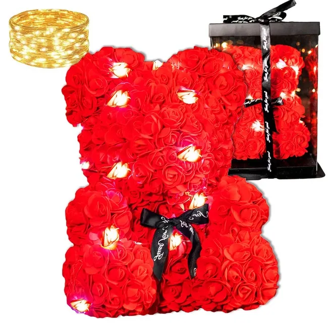 Miś z płatków róż czerwony 25 cm rose bear z kokardką i lampkami LED biały ciepły