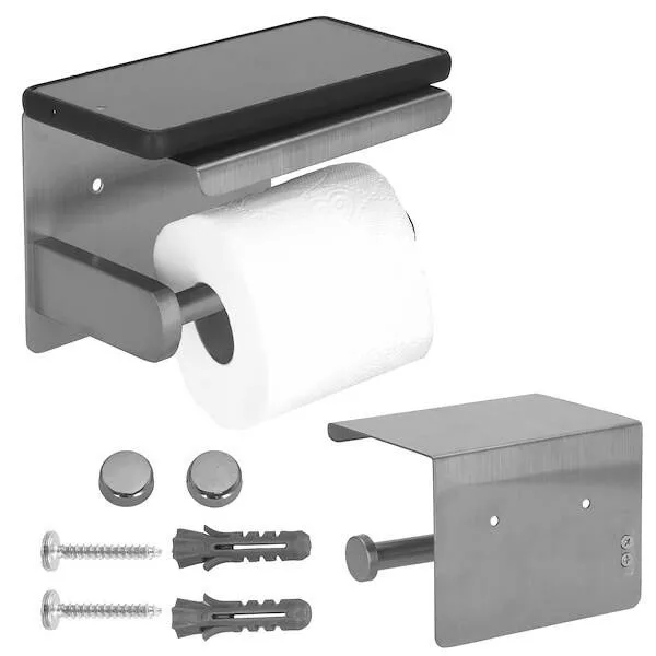 Uchwyt na papier toaletowy stalowy z półką na telefon srebrny