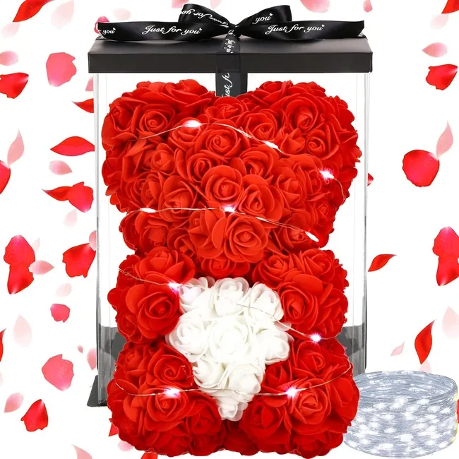 Miś z płatków róż czerwony z sercem, 25 cm rose bear z lampkami LED biały zimny