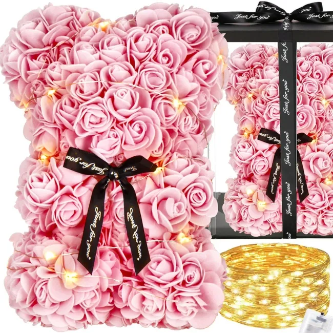 Miś z płatków róż różowy 22 cm rose bear z lampkami LED biały ciepły