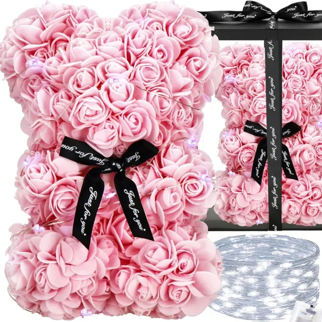 Miś z płatków róż różowy 22 cm rose bear z lampkami LED biały zimny