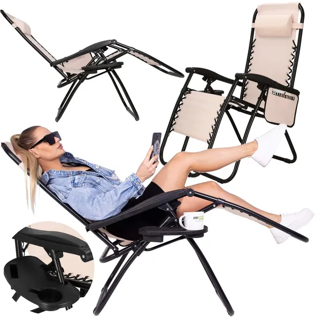 Leżak składany metalowy zero gravity regulowany leżanka ogrodowa z zagłówkiem kremowy