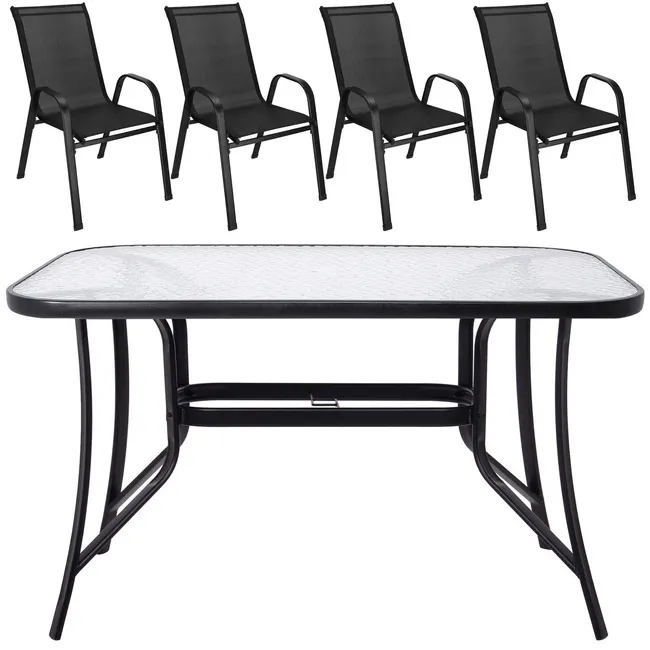 Meble ogrodowe zestaw krzesła, stół ze szkłem hartowanym dla 4 osób czarny