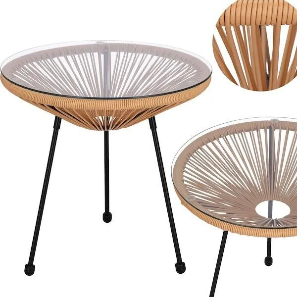 Stół ogrodowy, stolik rattanowy na taras blat szkło hartowane 50 cm okrągły beżowy