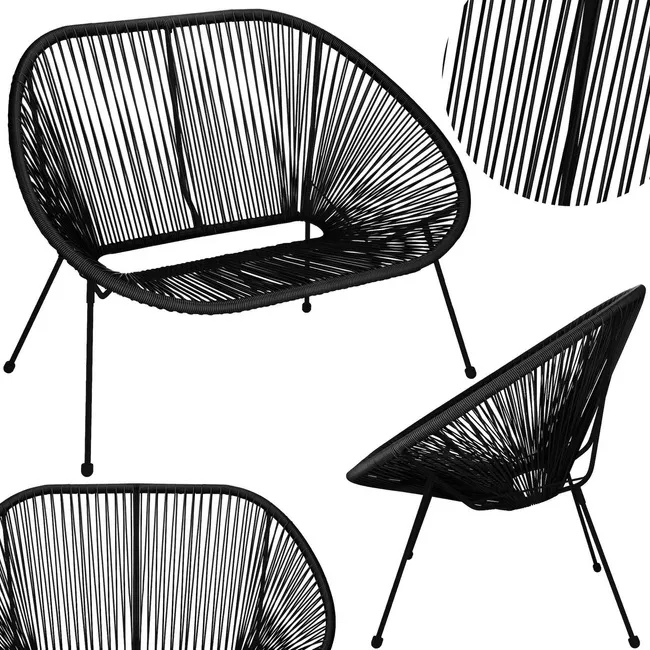 Kanapa ogrodowa z rattanu na nóżkach, sofa ażurowa na taras czarna