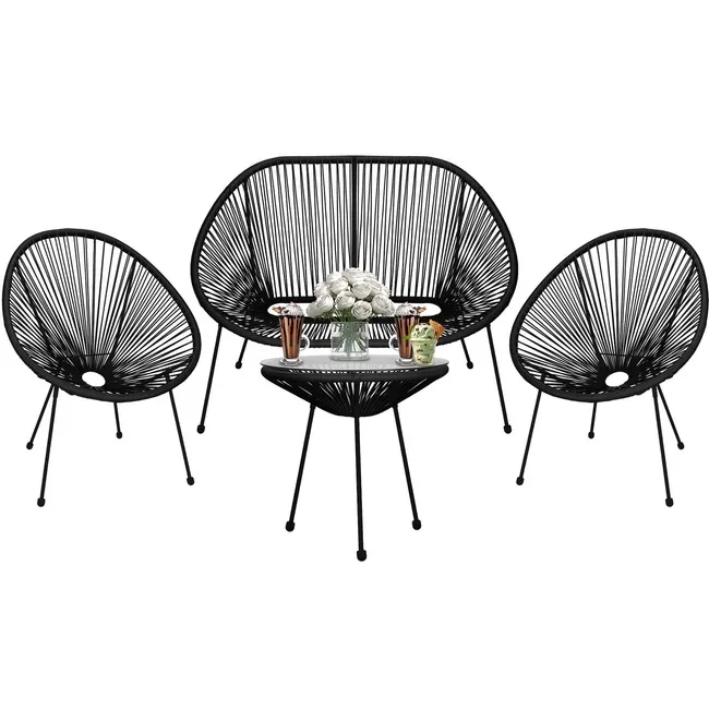 Zestaw mebli rattanowych 2 fotele ażurowe, okrągły stolik ze szklanym blatem, sofa czarne