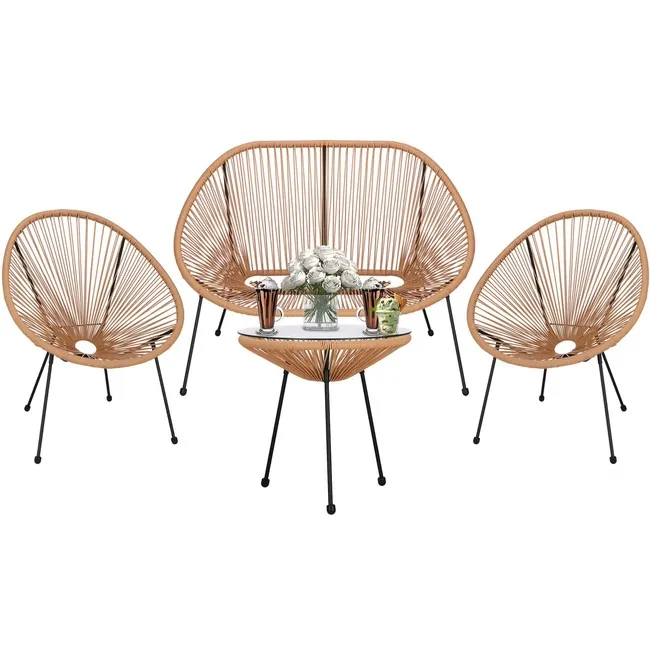 Zestaw mebli rattanowych 2 fotele ażurowe, okrągły stolik ze szklanym blatem, sofa beżowe