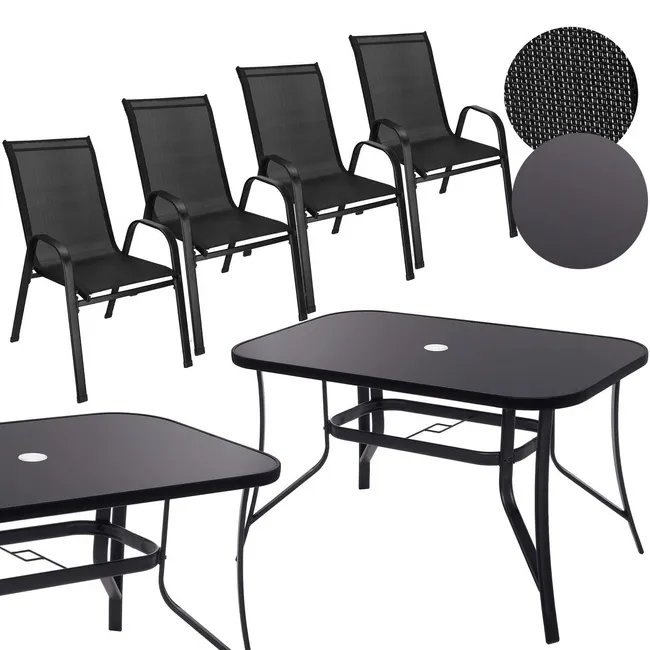 Meble ogrodowe 4 krzesła, stół ze szkłem hartowanym zestaw dla 4 osób czarny