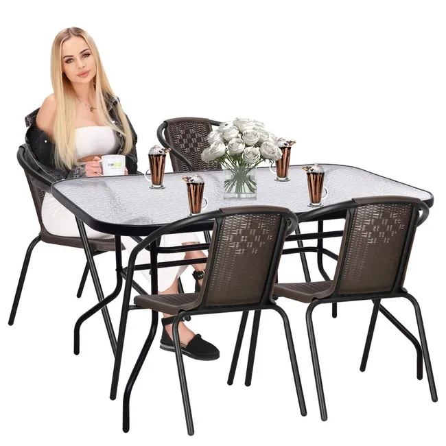Meble ogrodowe metalowe 4 krzesła metalowe i stół szklany 120 x 70 cm czarno-brązowy