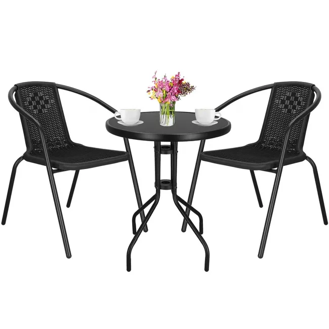 Meble ogrodowe metalowe krzesła i okrągły stół ze szklanym blatem zestaw ogrodowy czarny