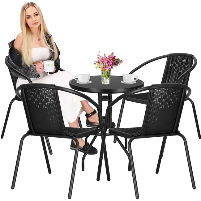 Meble ogrodowe metalowe krzesła 4 szt. i okrągły stół ze szklanym blatem zestaw czarny