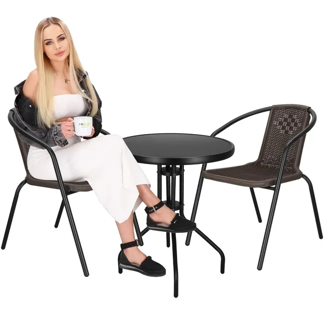 Meble ogrodowe metalowe 2 krzesła i stół ze szklanym blatem zestaw ogrodowy czarno-brązowy