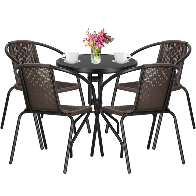 Meble ogrodowe metalowe krzesła 4 szt. i okrągły stół ze szklanym blatem zestaw czarno-brązowy