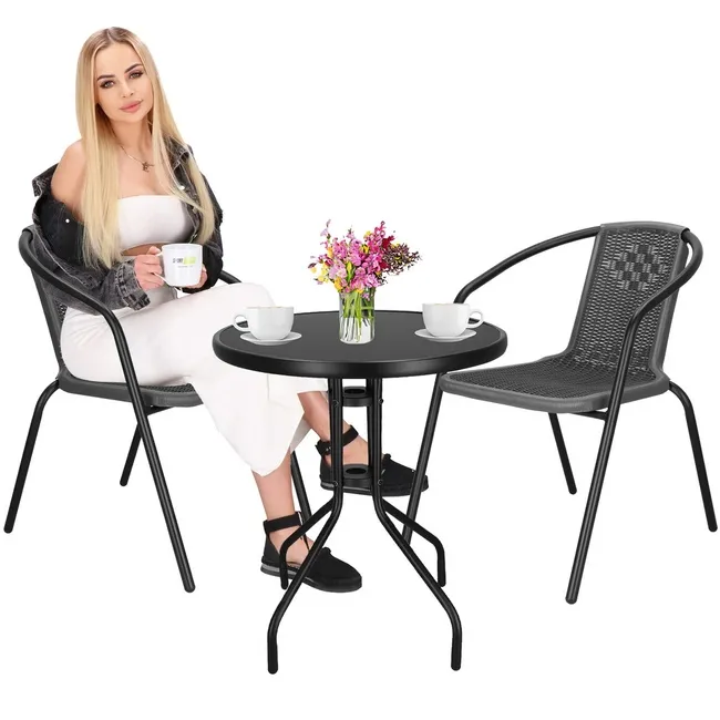 Meble ogrodowe metalowe 2 krzesła i stół ze szklanym blatem zestaw ogrodowy czarno-szary