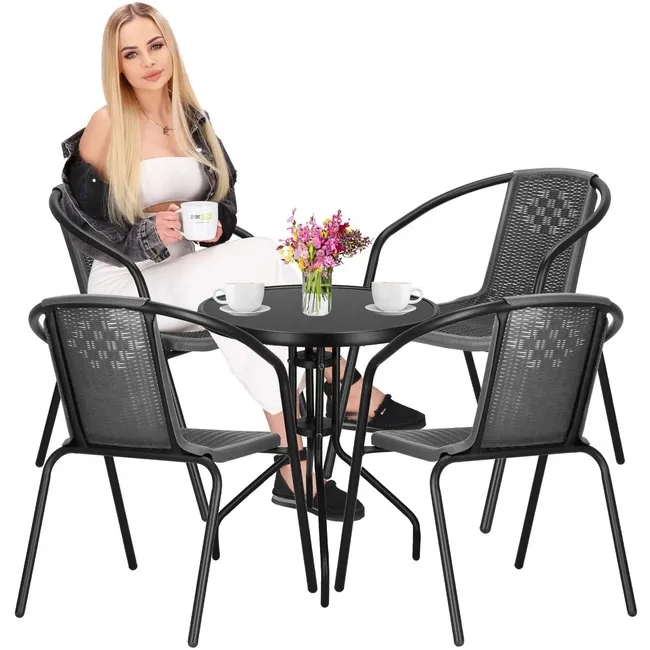 Meble ogrodowe metalowe 4 krzesła i stół ze szklanym blatem zestaw ogrodowy czarno-szary