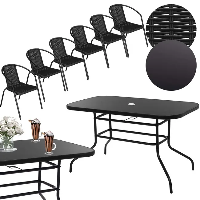Meble ogrodowe zestaw na taras dla 6 osób: metalowe krzesła 6 szt. stół 140x80 cm czarny