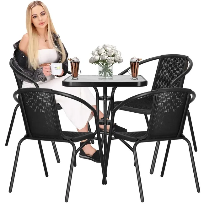 Meble tarasowe: stolik kawowy ze szkła hartowanego, krzesła metalowe 4 szt. do ogrodu czarne