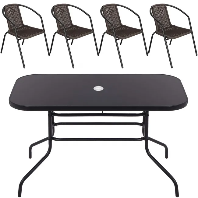 Meble ogrodowe metalowe zestaw stół 140x80 cm i 4 krzesła na taras balkon czarno-brązowe