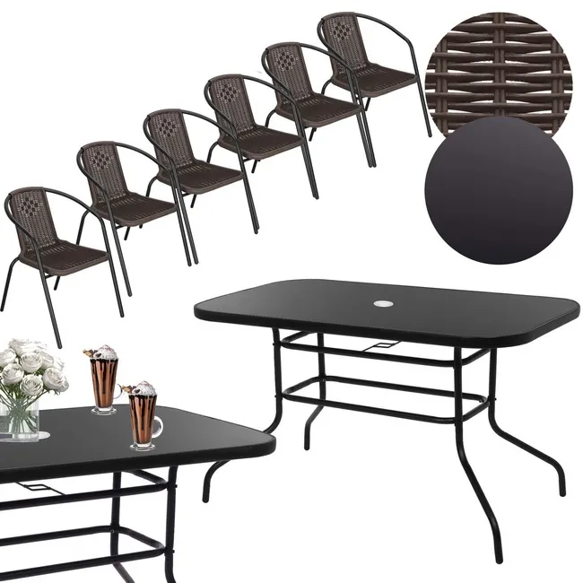 Meble ogrodowe metalowe zestaw stół 140x80 cm i 6 krzeseł na taras balkon czarno-brązowe