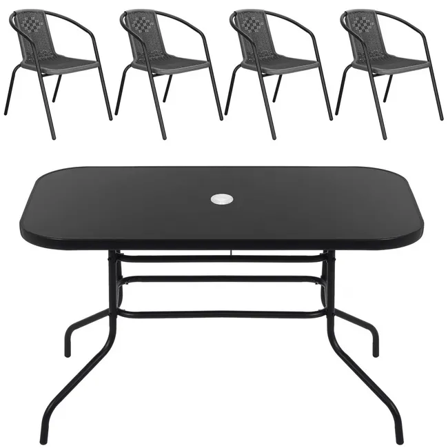Meble ogrodowe zestaw na taras dla 4 osób: metalowe 4 krzesła i stół 140x80 cm czarno-szary