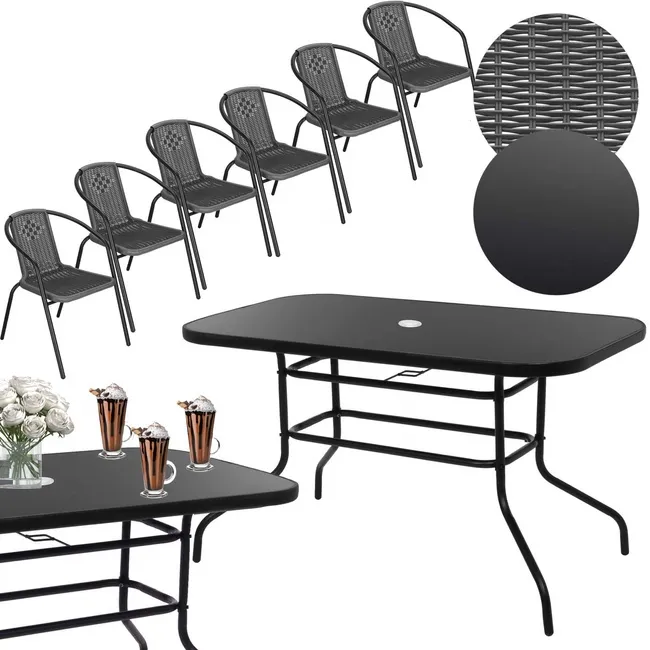 Meble ogrodowe na taras metalowe krzesła 6 szt. i stół 140x80 cm komplet czarno-szary