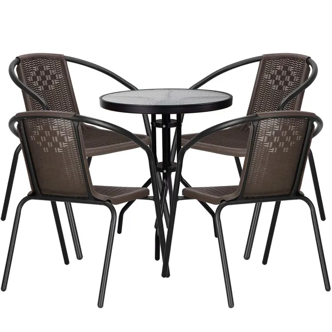 Meble ogrodowe metalowe 4 krzesła i stół ze szklanym blatem zestaw ogrodowy czarno-brązowy