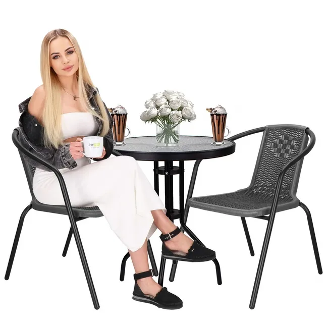 Meble ogrodowe 2 krzesła i okragły stół ze szklanym blatem zestaw na taras czarno-szary