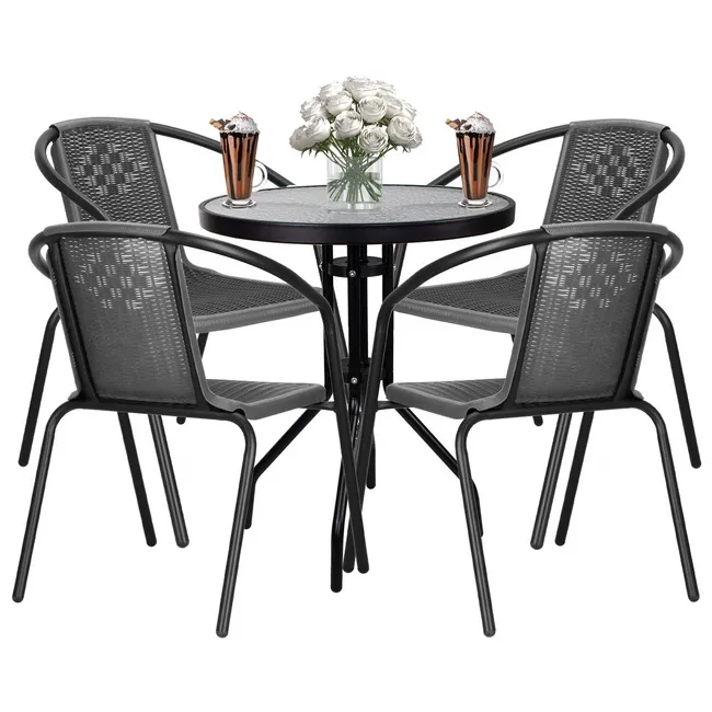 Meble ogrodowe 4 krzesła i okragły stół ze szklanym blatem zestaw na taras czarno-szary