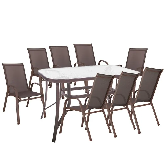 Meble ogrodowe 8 krzeseł, stół ze szkłem hartowanym zestaw dla 8 osób brązowy