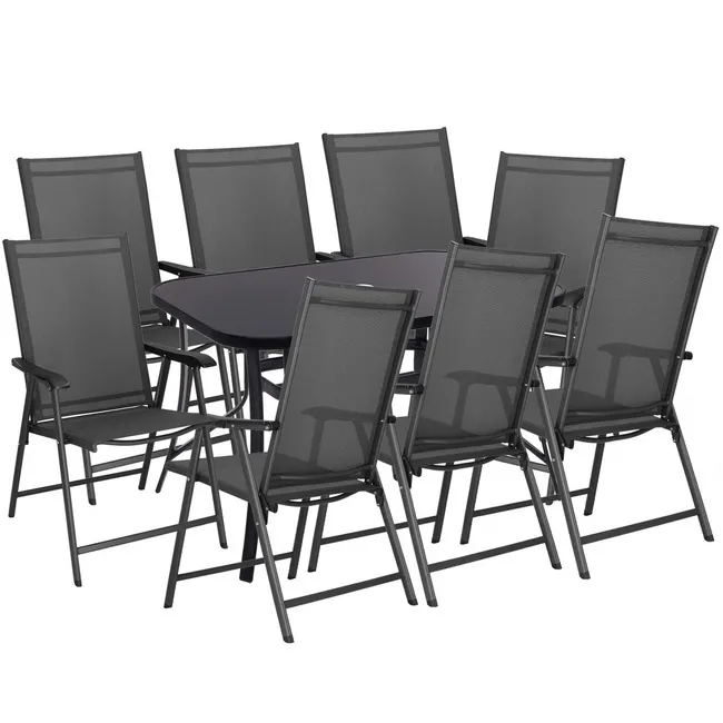 Meble ogrodowe 8 krzeseł, stół ze szkłem hartowanym zestaw na taras czarno-szary