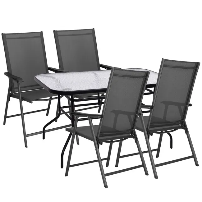 Meble ogrodowe 4 krzesła, stół ze szkłem hartowanym zestaw na taras czarno-szary