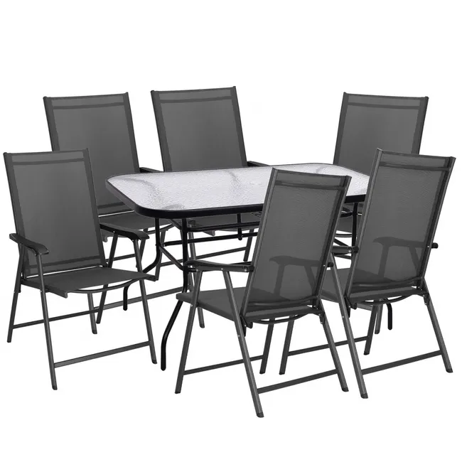 Meble ogrodowe 6 krzeseł, stół ze szkłem hartowanym zestaw na taras czarno-szary