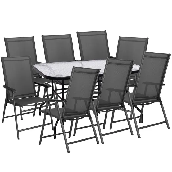 Meble ogrodowe 8 krzeseł, stół ze szkłem hartowanym zestaw na taras czarno-szary