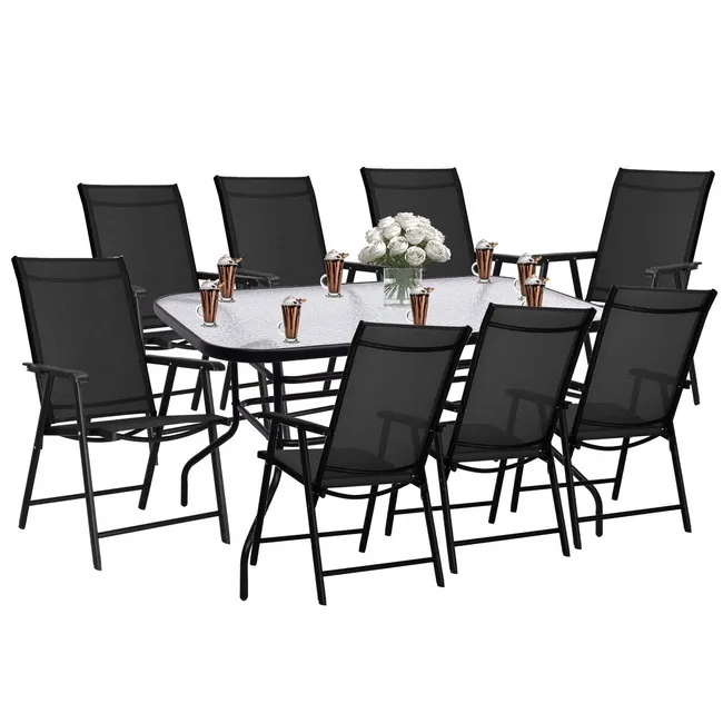 Meble ogrodowe 8 krzeseł stół ze szkłem hartowanym zestaw na taras czarny